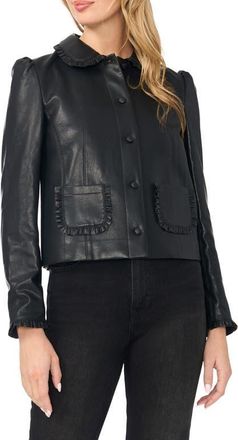 CeCe by Cynthia Steffe Crop Ruffle Trim Faux Leather Jacket in Rich Black at Nordstrom, Size 12
