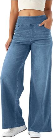Generic High Elastic Waisted Baggy Wide Leg Pull On Jeans with Pockets, Denim Wide Leg Pants for Women