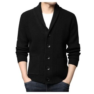Generic Mens Shawl Collar Cardigan Sweater Mens Long-Sleeve Fleece Shawl-Collar Cardigan Long Sleeve Button-Down V-Neck Collar Front Pockets Mens Comfortable 
