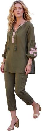 Roaman's Plus Size Cambric Cotton Split Neck Embroidered Tunic in Dark Olive Meadow Floral at Nordstrom, Size 12