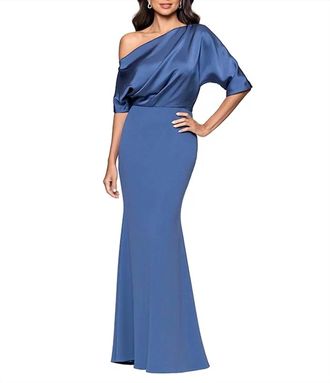 Betsy & Adam One Shoulder Satin Scuba Crepe Dress In Slate
