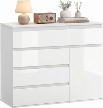 HOMCOM Homcom C&oacute;moda Con 5 Cajones, Cajonera De Dormitorio Con Estantes Ajustables, Puerta De Cierre Suave, Para Cocina, Entrada, Blanco Brillo, 100x40x80 Cm