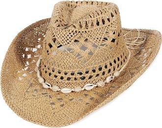 Eozy Men & Womens Summer Cowboy Cowgirl Straw Hat Hollow Out Style Roll Up Brim Beach Sun Hat for Ladies Coffee