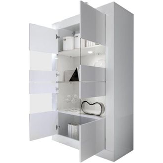 Dmora Vetrina Suzzara, Mobile Espositore 3 Ripiani, 2 Ante Made in Italy, 4 Vani, 101.4x42x161.2h cm Bianco Lucido