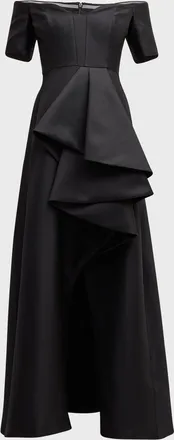 Black Halo Serafina Off-Shoulder Ruffle Jacquard Gown
