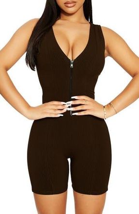 Naked Wardrobe Zip Snatched V-Neck Romper in Dark Chocolate at Nordstrom Rack, Size X-Small