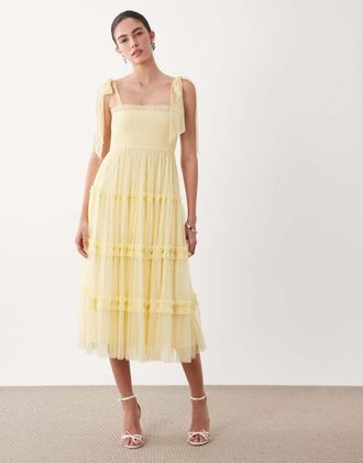 Lace & Beads Vestito midi in tulle giallo limone arricciato con fiocco sulle spalle e volant