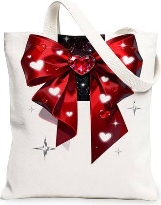 Generic ValentineS Day Heart Bow Canvas Tote Bags, Red Ribbon Love Pattern Reusable Bags, Romantic Lightweight Washable Shoulder S, Red, 13x15 Inch