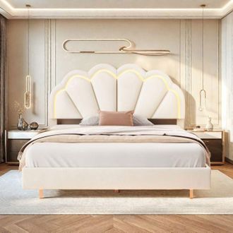 OEM Cama 140x200 Cm - Estructura De Cama - Tela De Terciopelo Beige - Led Integrada - Cabecera Acolchada