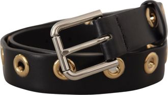 Dolce & Gabbana Womens Black Leather Eyelet Silver Tone Metal Buckle Belt