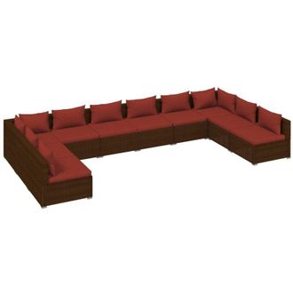 vidaXL Set Muebles De Jard&iacute;n 10 Pzas Y Cojines Rat&aacute;n Sint&eacute;tico Marr&oacute;n Vidaxl