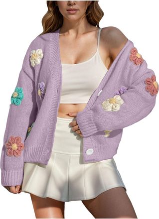 Generic 3D Floral Embroidered Cardigan Sweaters for Women Open Front Outfit Sweater Clothes for Ladies Fashion Cardigans Long Sleeve Tops Button up Sweater Co
