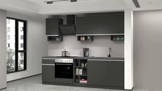 Dmora Dmora - Cocina Completa Rudolf, Cocina Pr&aacute;ctica Y Que Ahorra Espacio, Pared De Cocina Con 7 Puertas Y 1 Caj&oacute;n, 100% Made In Italy, 255x60h85 Cm, Antra