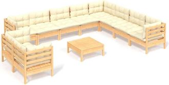 vidaXL Muebles De Jard&iacute;n 11 Pzas Y Cojines Madera Maciza De Pino Crema Vidaxl