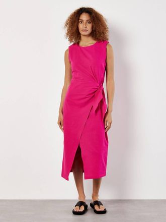 Apricot Wrap & Knot Cotton Midi Dress In Fuschia