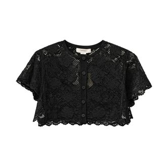 Twinset Overhemden, Dames, Zwart, L, Katoen, Floral Lace Short Jacket Top