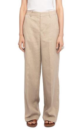 Zadig&Voltaire Pinstripe Linen Blend Wide Leg Pants in Cookie at Nordstrom, Size 10 Us