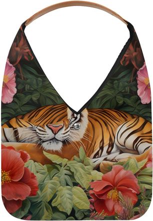 Generic Tiger and Hibiscus Reusable Lightweight Grocery Bags - Foldable Into Compact Pouch, Washable & Sturdy, Multipurpose for Shopping and Travel