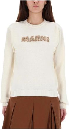 Marni Trui met ronde hals en geborduurd logo - Dames - Ronde hals truien - Beige - XS - Wol - Truien & Vesten