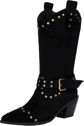 Generic Womens Mid Calf Boots Suede Slip On Rivet Decor Riding Style Long Booties