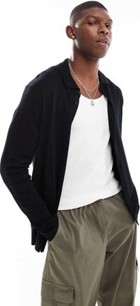 Only & Sons long sleeve knit polo in black