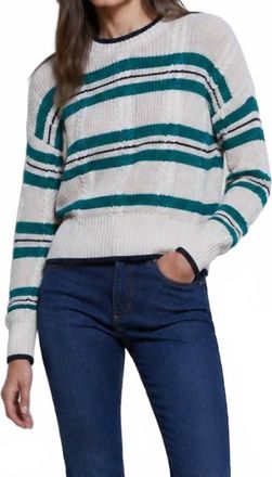 Autumn Cashmere Shaker Cable Striped Crew Sweater In Natural Green Combo
