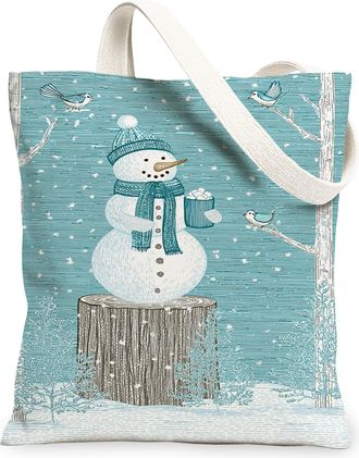 Generic Winter Snow Man Canvas Tote Bags, Cute Cold Design Reusable Grocery Bags, Lightweight Washable Shoulder Strap Canvas for Ou, Blue, 13x15 Inch