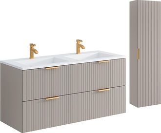 Vente-Unique Mueble de ba&ntilde;o suspendido estriado con lavabo encastrado y columna - Color beige - 120 cm - ZEVARA