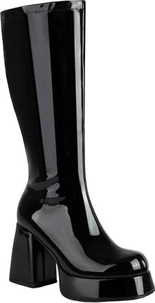 Generic Womens Plus Size Patent Leather Knee Boots Glossy Square Toe Thick Heel Platform Side Zipper Long Booties