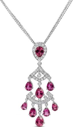 House of Brilliance 18K White Gold 1 1/10 Cttw Diamond and Pink Tourmaline Double-Strand Chandelier Pendant Necklace