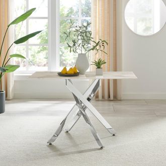 Furniturebox Leonardo 4-Seater Dining Table With Marble Effect Glass Top & Silver Metal Legs in White