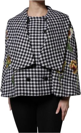 Dolce & Gabbana Houndstooth Floral Embroidered Coat - Dames - Ponchos - Zwart - L - Wol - Jassen