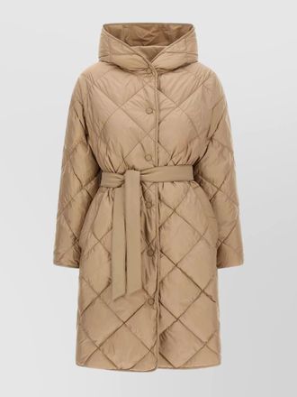 Max Mara long quilted coat belted waist hood