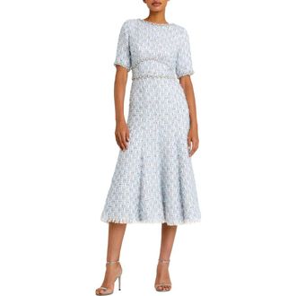 Mac Duggal Short Sleeve Beaded Trim Boucle Midi Dress in Blue Multi at Nordstrom, Size 14