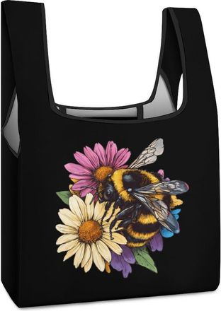 Generic Bees on Flowers Shopping Bag Reusable Grocery Tote Bag Foldable Handbag for Travel Picnic