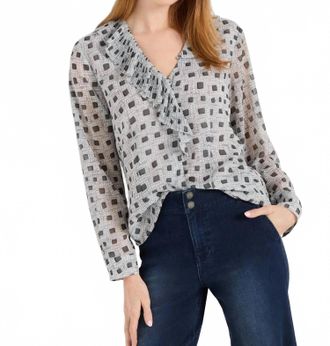 Nic+Zoe Dotty Squares Ruffle Top In Grey Multi