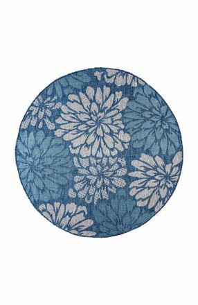 Jonathan Y Designs Zinnia Modern Floral Textured Weave Indoor/Outdoor Round Area Rug in Navy/aqua at Nordstrom, Size 4Ft 0In X 4Ft 0In
