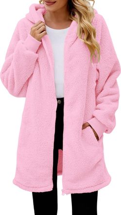 Generic Teddy Jacket Women Womens Fleece Jacket Full Zip Longline Hoodies Plus Size Fuzzy Teddy Winter Coats Warm Oversized Hooded Sweatshirts Ladies Fluffy S