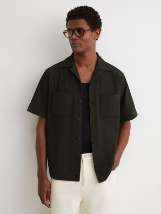 Reiss Green Ribbed Cuban-collar Shirt, Xxl