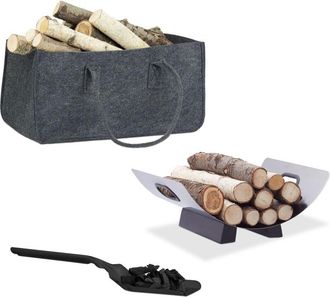 Relaxdays Juego De Chimenea 3 Piezas, Bolsa Y Cesto Para Le&ntilde;a, Pala Para Cenizas, Fieltro, Acero, Plegable, Plata/negro/gris