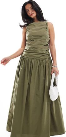 4th + Reckless Petite ruched poplin sleeveless drop waist maxi dress in khaki-Green