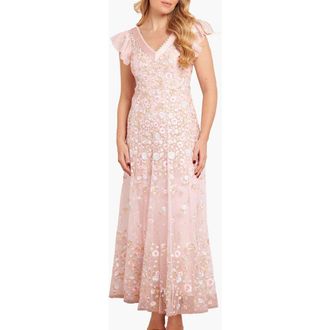 Needle & Thread Ethereal Blooms Short Sleeve Ankle Gown in Seashell/multi at Nordstrom, Size 10