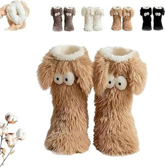 Generic Muffle Friends Cozy Socks, Womens Winter Warm Fuzzy Non-Slip Slipper Socks with Cute Big Eyes - Thick Plush Indoor Home Floor Socks (Coffee)