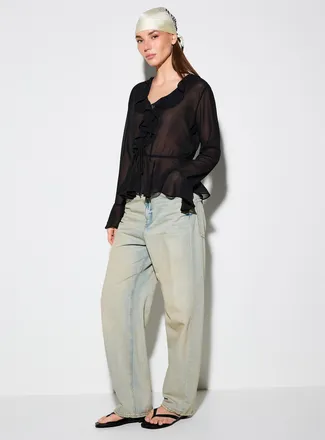 Icone Womens Tie-front and ruffled-edge sheer chiffon blouse