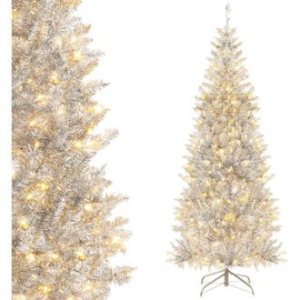 Costway 180cm &Aacute;rbol De Navidad Artificial Plateado De Oropel, 300 Luces Led Blancas C&aacute;lidas, 790 Puntas De Rama De Pvc, Forma De L&aacute;piz, &Aacute;rbol De Navidad De Bi