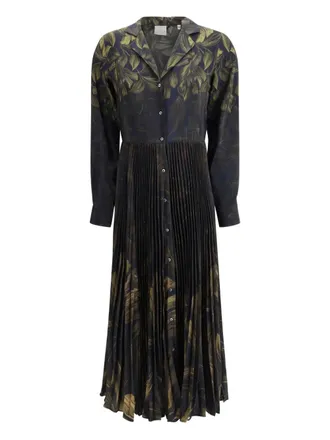 Sara Roka leaf-print pleated dress - Blue