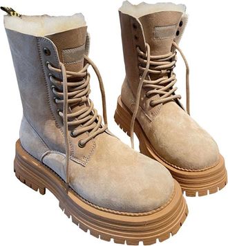 Generic Women winter mid length snow boots with thick sole increased height and plush thick insulation and anti freezing snow boots (Khaki,5.5)