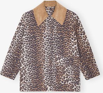 Ganni Brown Leopard Printed Canvas Midi Jacket - Size XXS/XS Organic Cotton