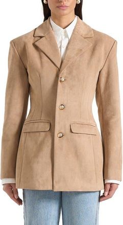 Mani&egrave;re De Voir Claire Suede Wide Shoulder Cinch Waist Blazer in Beige at Nordstrom, Size 6