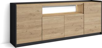Skraut Home Skraut Home - Aparador Para Sal&oacute;n, Gran Capacidad De Almacenaje, 207x37x80cm, 4 Puertas, Led, Estilo Moderno, Roble Y Negro